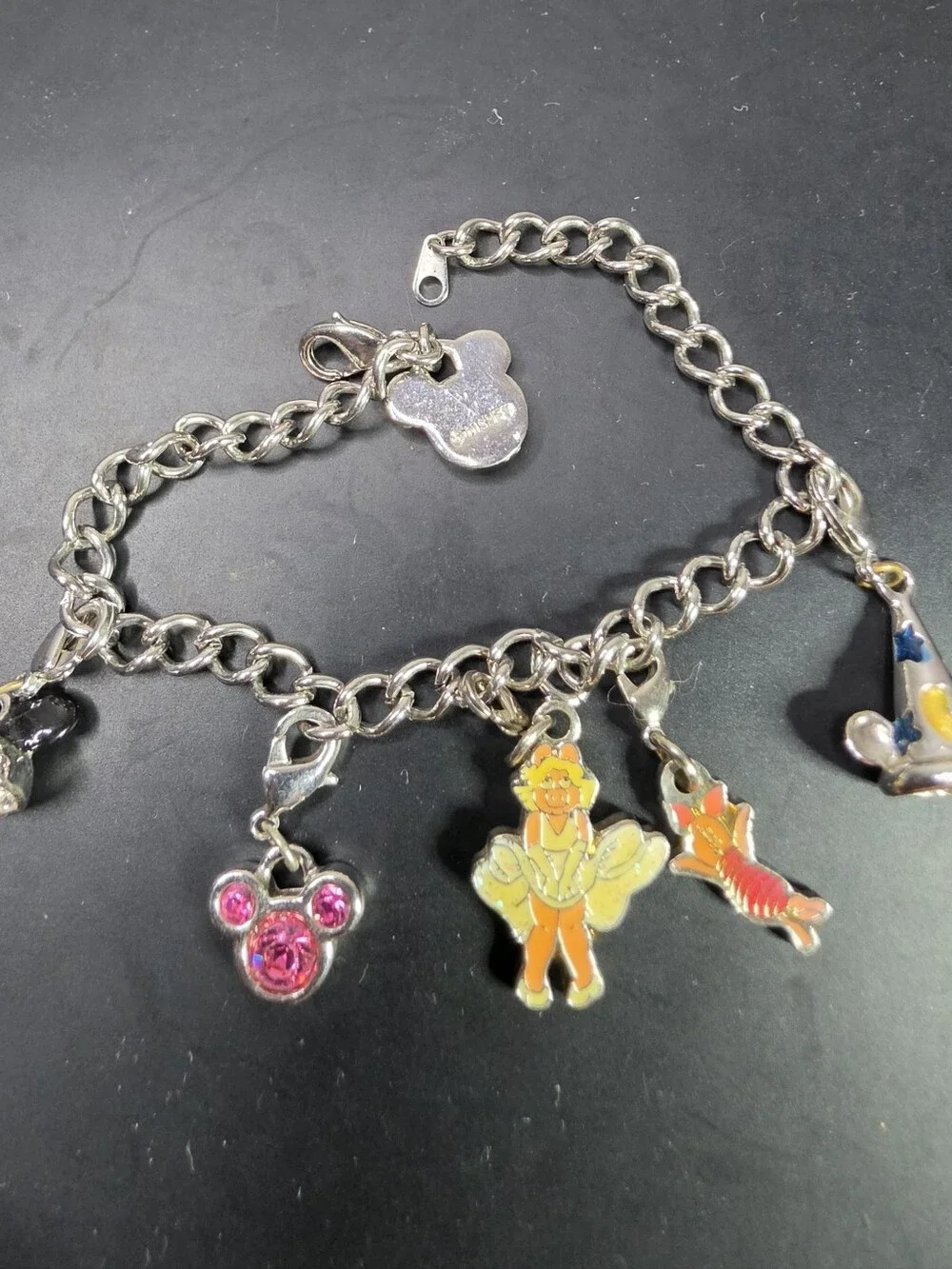 Kids Disney Silver Charm Bracelet with Pink and Black Mickey Charms